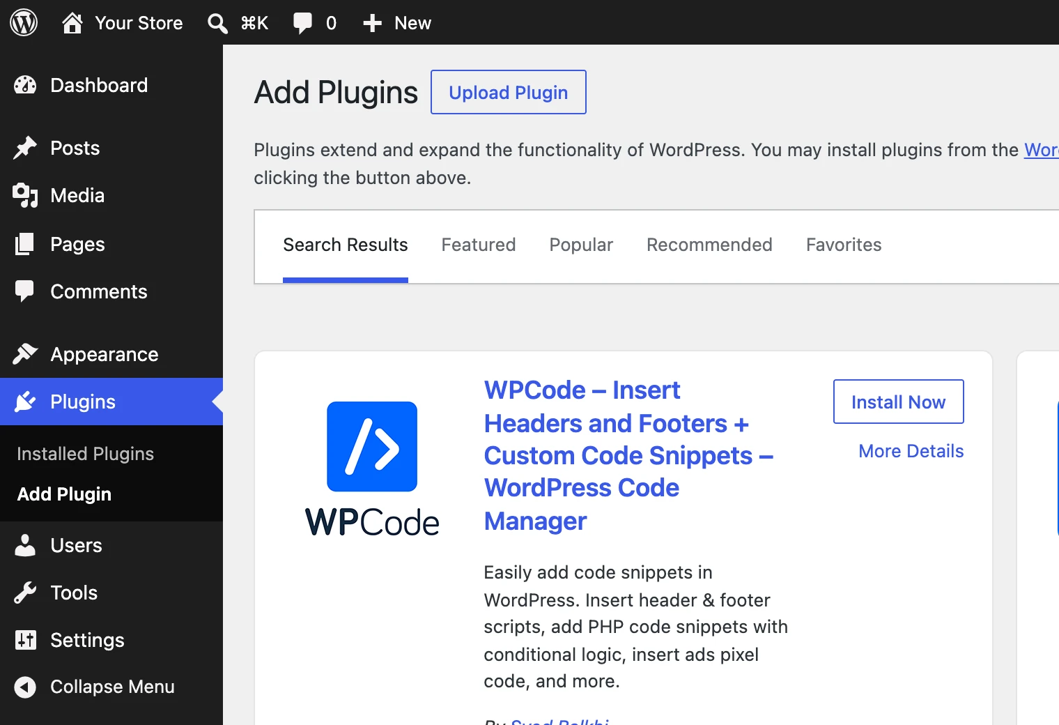 The Add Plugins screen in the WordPress admin, with WPCode first in the search results and its Install Now button