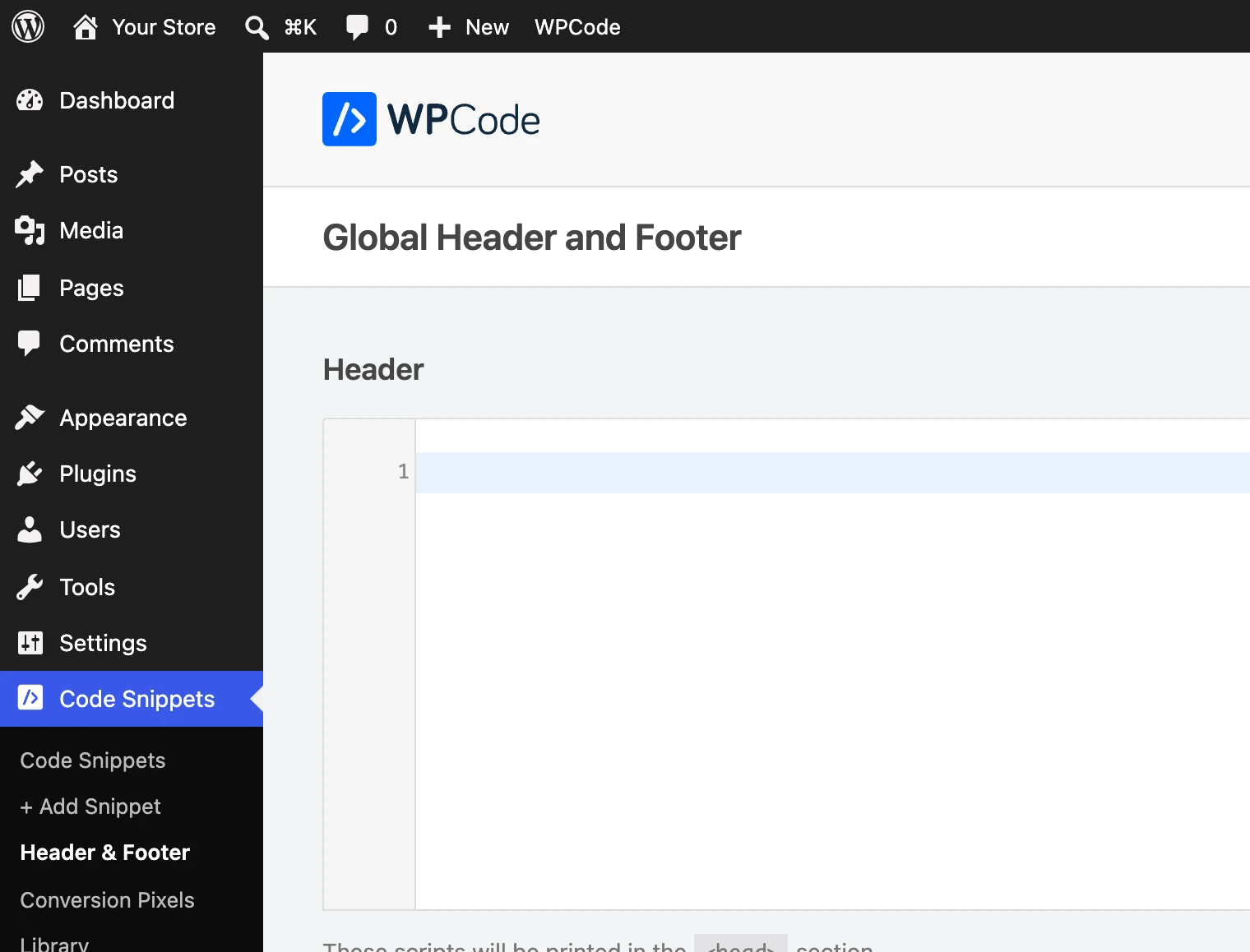 The Code Snippets menu in the WordPress admin with Header & Footer selected, and the empty Header box beside it