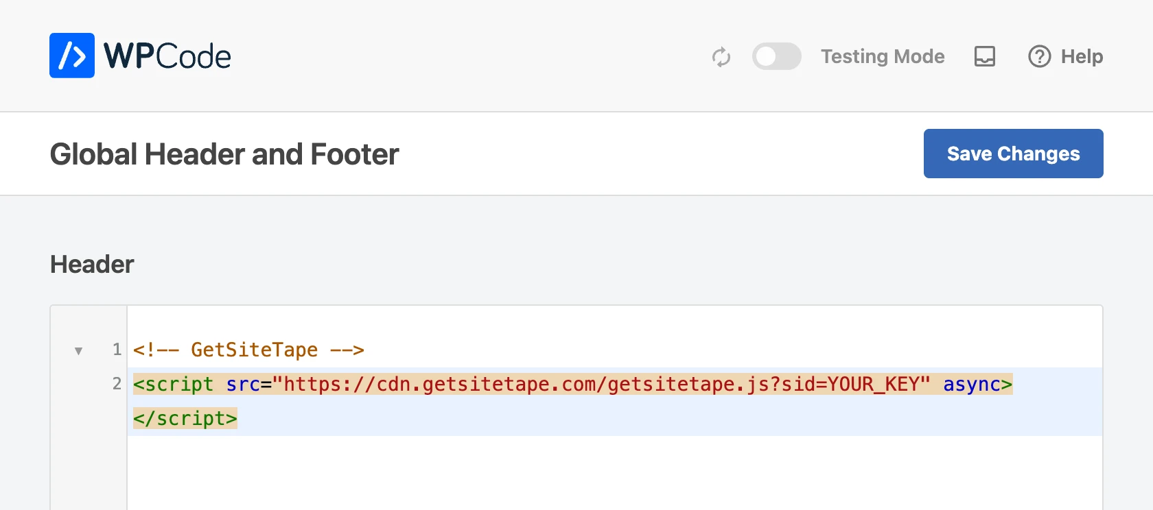 The GetSiteTape snippet pasted into the Header box of WPCode, with the Save Changes button above it